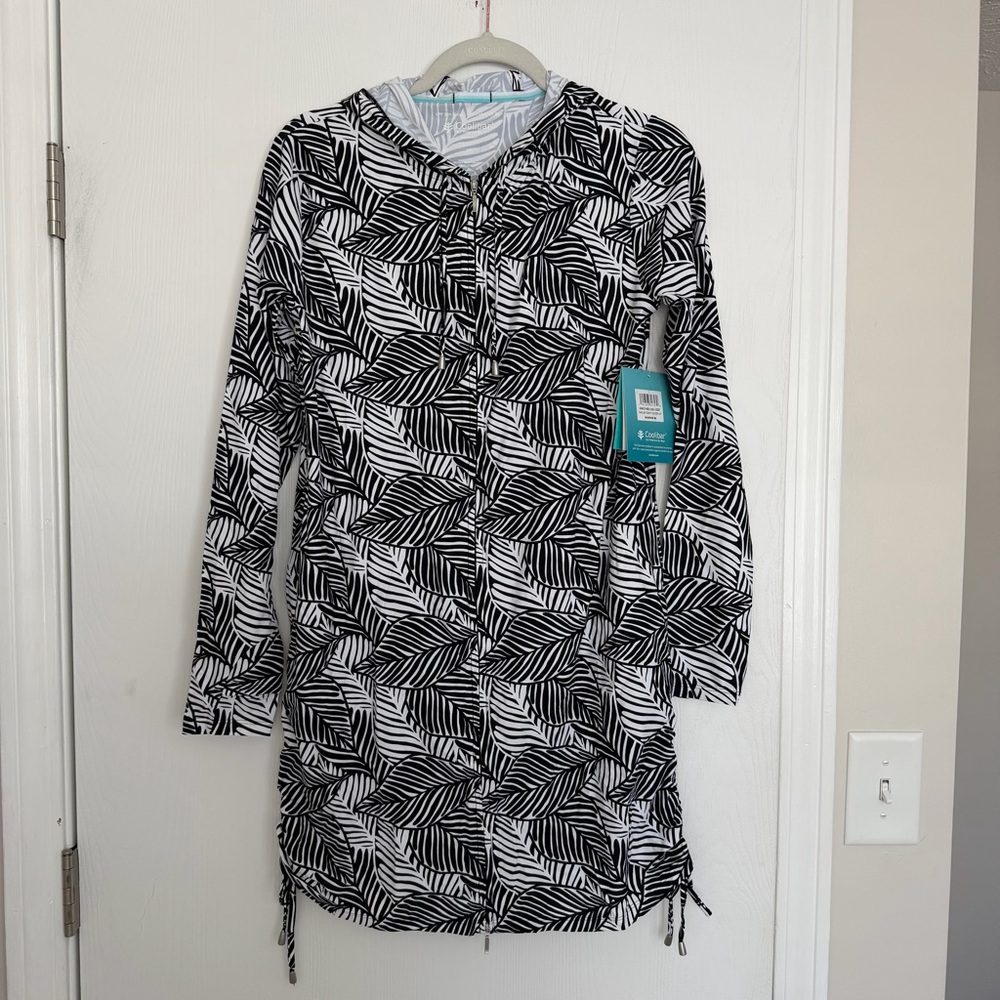 NWT Coolibar Wailea Black and White Hooded Swim Cover-Up UPF 50 Summer Beachwear - Picture 2 of 14